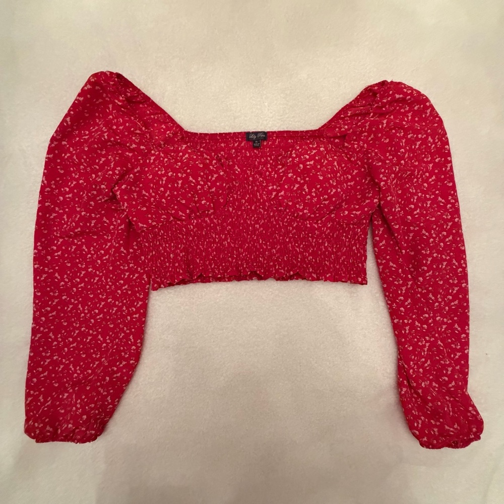 Red Floral Smocked Puff-Sleeve Crop Top